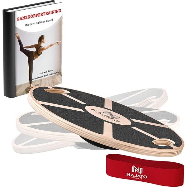 NAJATO Sports Balance Board – Wackelbrett mit rutschfestem gummiertem Standfuß – Gleichgewichtstrainer mit Handgriffen für mehr Übungsmöglichkeiten – Balance Board Holz