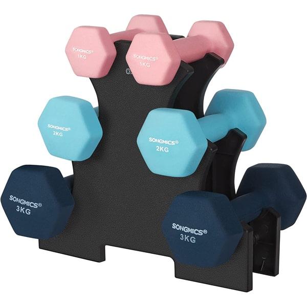 SONGMICS Kurzhantel Set, Hexagon, mit Hantelständer, 2 x 1 kg, 2 x 2 kg, 2 x 3 kg, Mattes Finish, Neopren-Beschichtung, Krafttraining, zu Hause